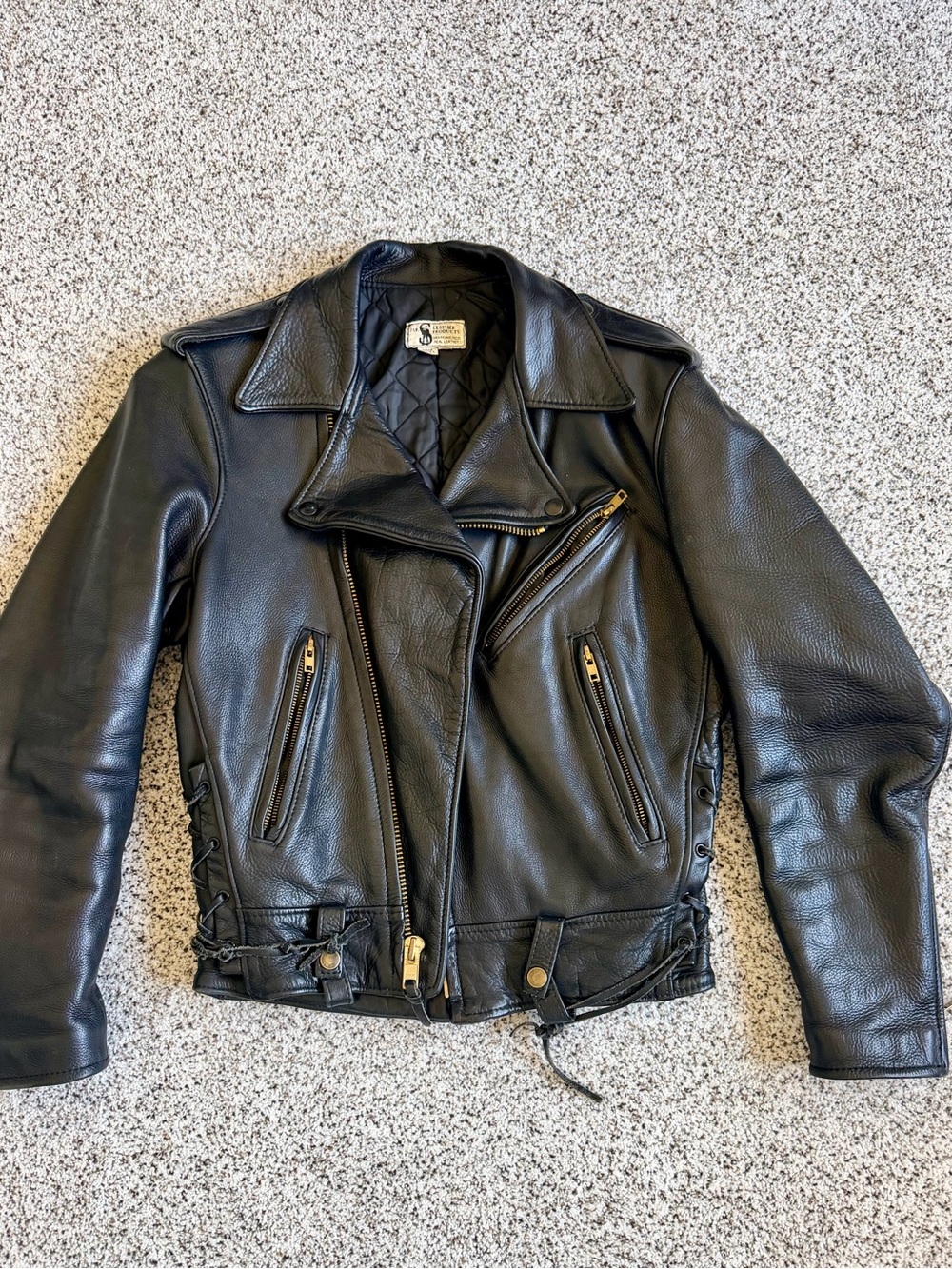 Classic Black Leather Biker Jacket with Gold Hardware
